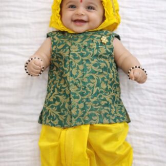 Lemon Yellow Sovala and Dark Green Jacket Set with Cap and Booty