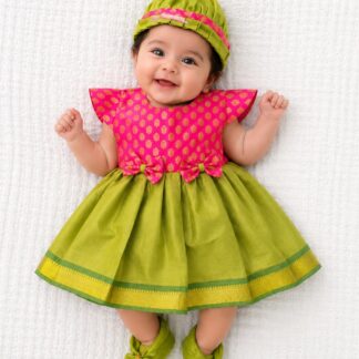 Apoorva Tishu Silk Frock ( Parrot Green with Rani Pink )