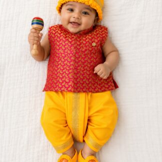 Dhoti with jacket set - Rani Pink with Mango Yellow