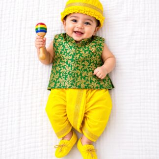 Dhoti with jacket set - Bottle Green with Lemon Yellow
