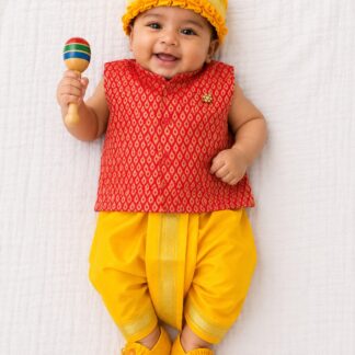 Dhoti with jacket set - Tomato Red with Yellow