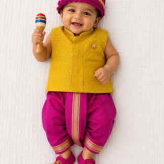 Dhoti with jacket set - Yellow Ochre with Rani Pink