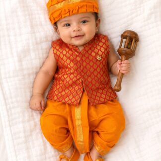 Dhoti with jacket set - Red with Orange