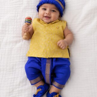 Dhoti with jacket set - Light Yellow with Royal Blue