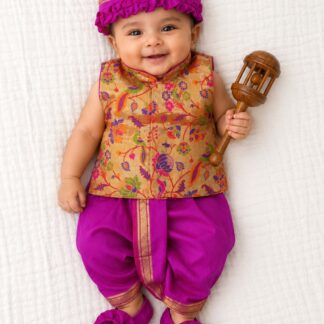 Dhoti with paithani jacket set - Rani Pink