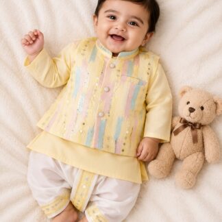 Cotton Kurta with Embroidered Jacket & Dhoti Set