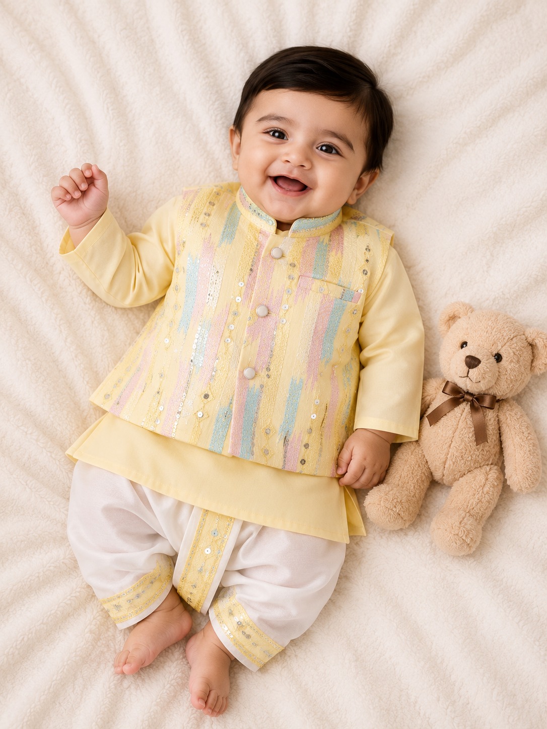 Cotton Kurta with Embroidered Jacket & Dhoti Set