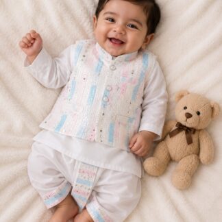 Cotton Kurta with Embroidered Jacket & Dhoti Set
