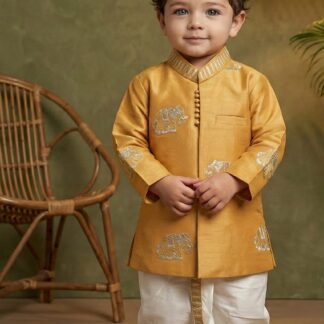 Mustard Yellow Silk Kurta & White Dhoti Set for Boys